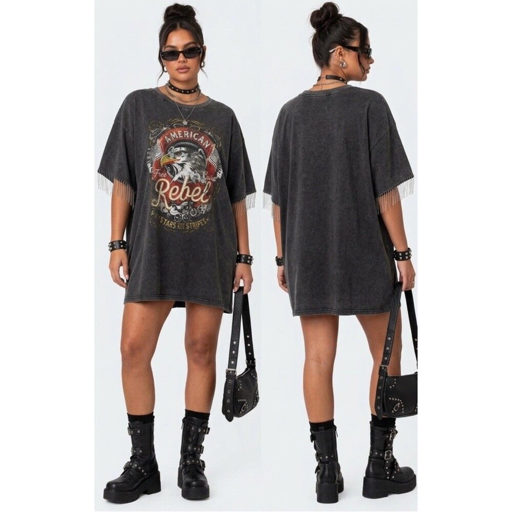 Black T Shirt Dress 2X Beaded Fringe Indie Sleaze Grunge Y2K Rebel Biker Moto